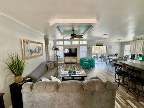 Smart TV, fireplace, foosball, books