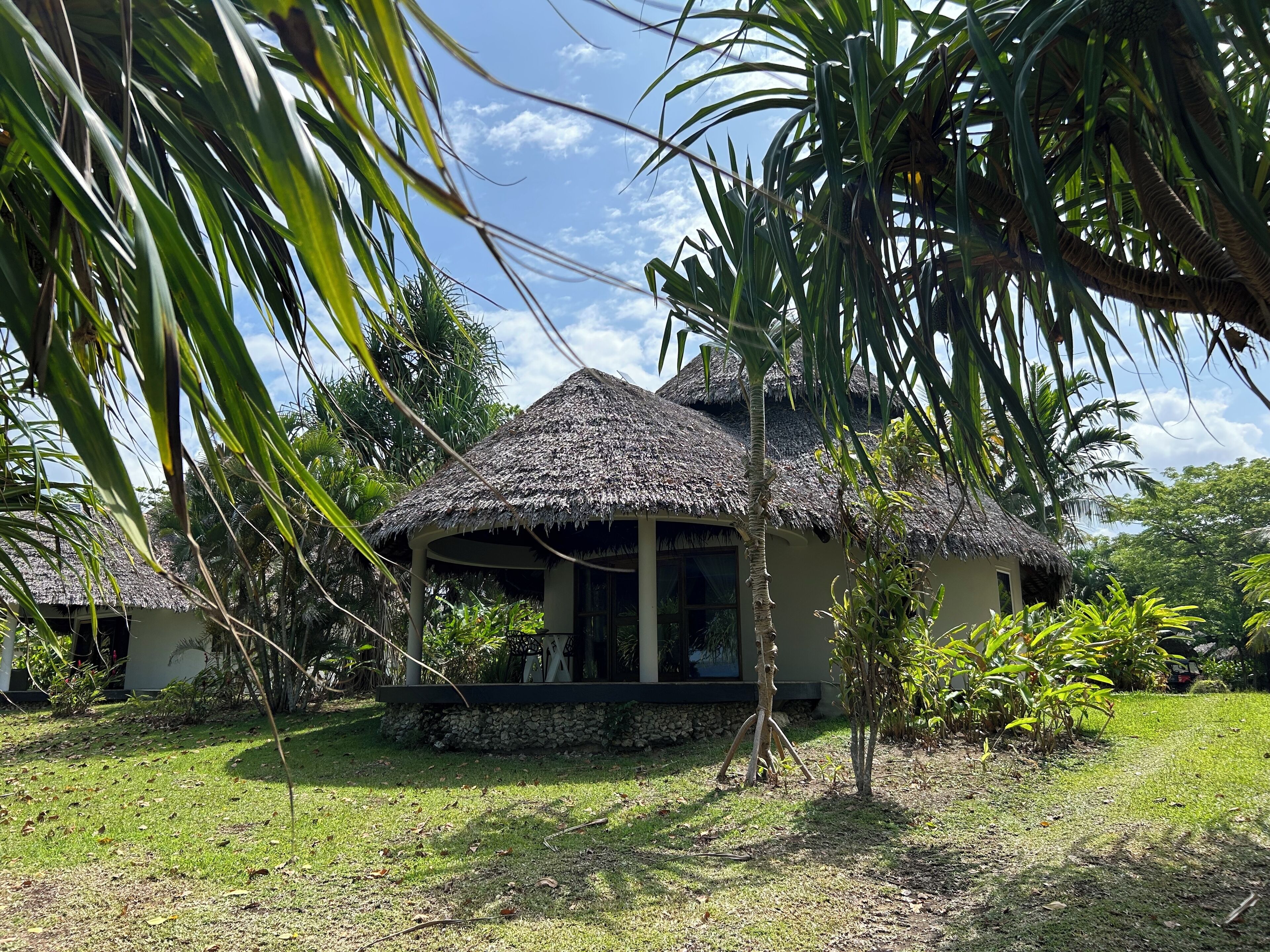 A thatched-roof house with a covered porch, surrounded by lush greenery and palm trees.
