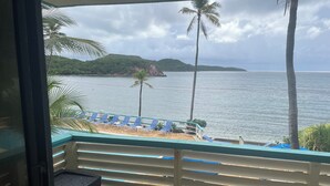 A balcony with a view of a beach, palm trees, and a distant island. - NEW LISTING- Ideal Oceanside Location and Recent Renovation / DREAM Combination! (St Thomas)