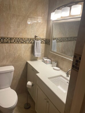 Chuveiro, secador de cabelo, toalhas de banho, sabonete