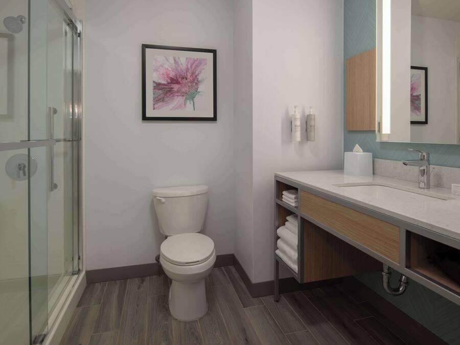 Une salle de bain moderne avec une douche à parois de verre, des toilettes blanches, un meuble-lavabo avec un miroir et une œuvre d’art florale encadrée au mur.