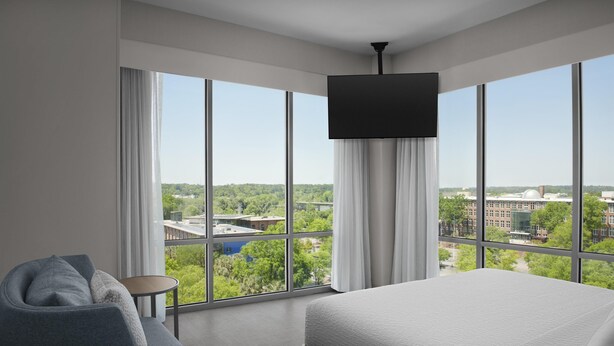 A modern hotel room with a large bed, a seating area, and a TV. - Homewood Suites By Hilton Columbia Downtown (Columbia)