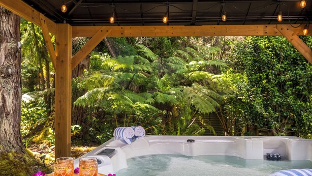 Un jacuzzi con terraza de madera, rodeado de exuberante follaje y una pérgola de madera con luces colgantes.
