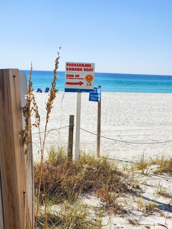 A beach with a parasailing sign and a sign prohibiting alcohol.