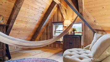 Smart TV, fireplace, books, stereo