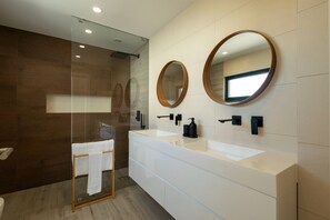 Shower, hair dryer, bidet, towels