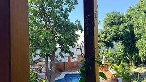 Un espacio al aire libre cubierto con piscina, rodeado de exuberante vegetación y árboles.