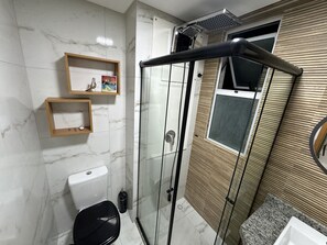 A modern bathroom with a glass shower enclosure, a toilet, and a sink.