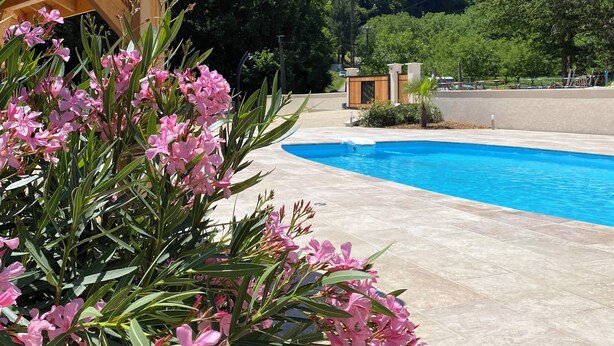 A swimming pool with a mountain backdrop, surrounded by greenery and a wooden pergola. - Chalet "pied aigu" At the foot of the Vercors, mountains and hiking. Pets allowed  (Rovon)