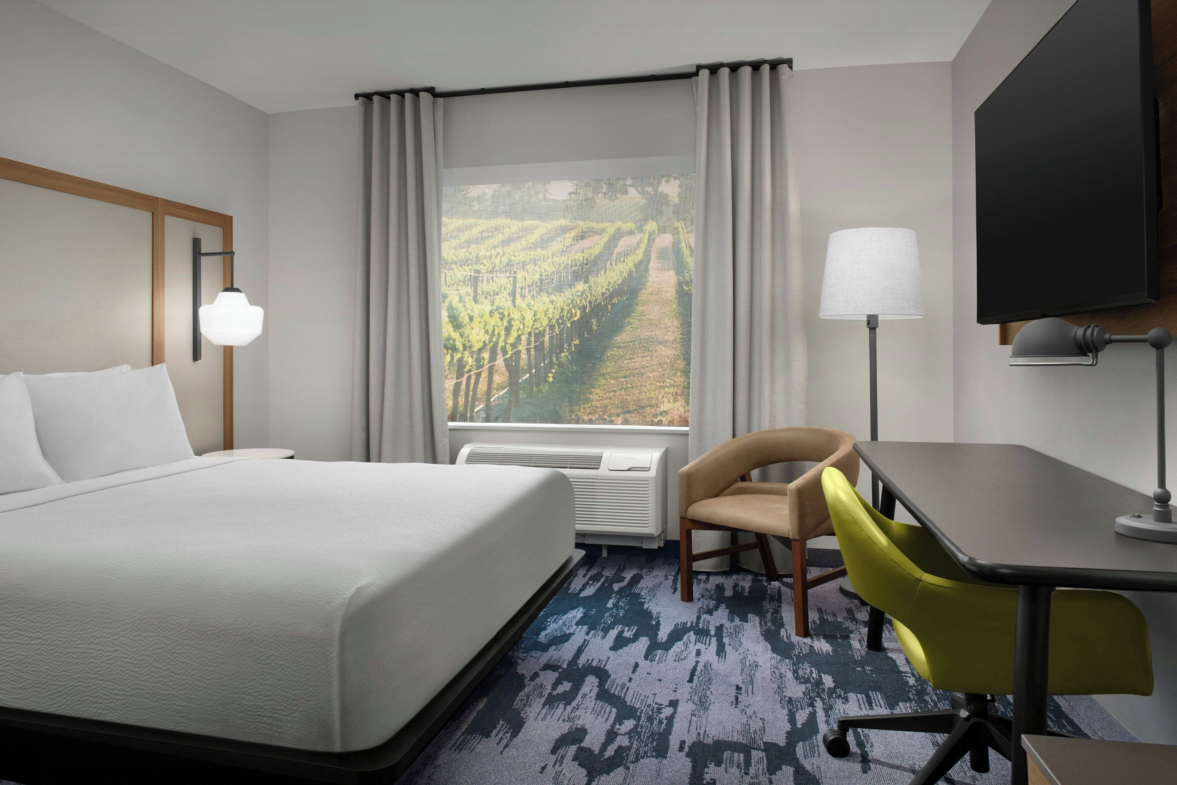 A hotel room with a bed, a desk, a chair, a television, and a large window with a vineyard view.