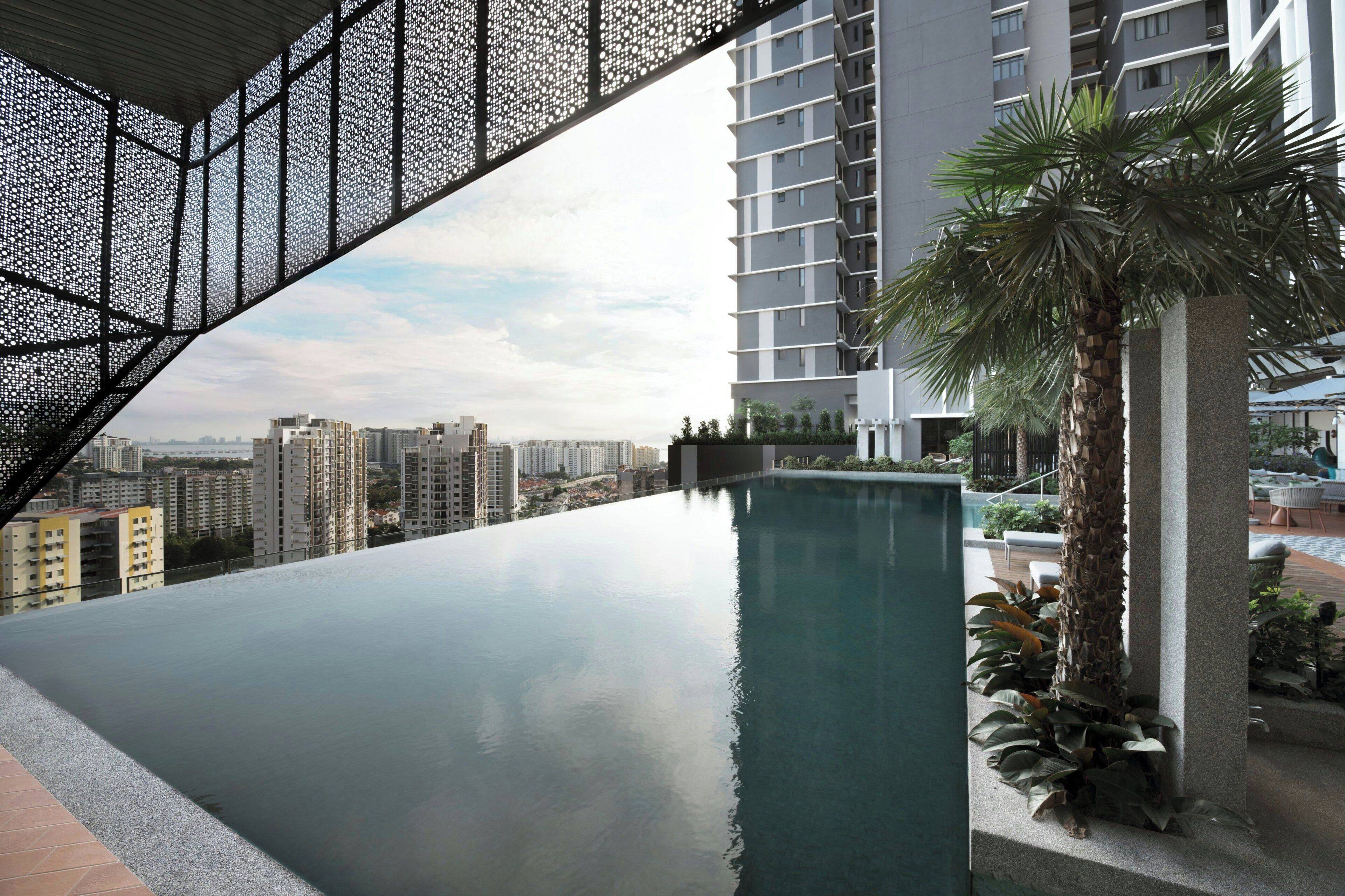 A rooftop infinity pool with a view of high-rise buildings, a palm tree, and a modern architectural structure.