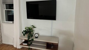 Una habitación con un televisor montado en la pared, piso de madera, una ventana con cortinas blancas y una planta pequeña en un estante.