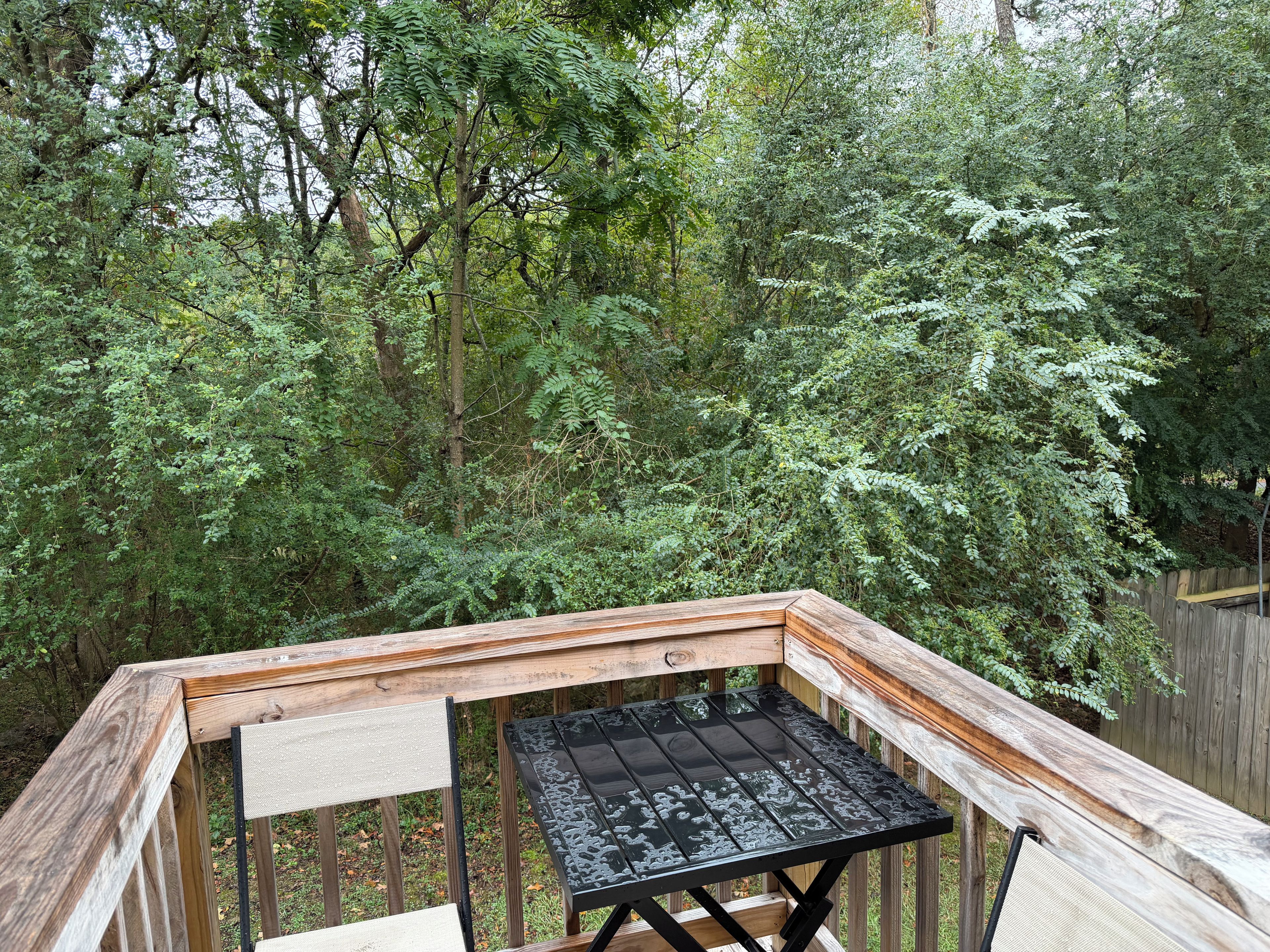 Een houten terras met een metalen tafel en bank, omgeven door dicht bos.