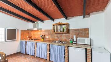 Een koelkast, een magnetron, een kookplaat, een vaatwasser