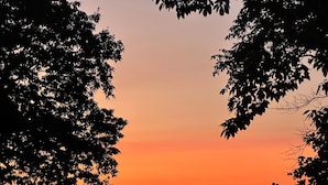 A sunset view over a calm body of water with a dock and trees framing the scene. - Charming studio in lovely Topping with AC, WiFi that has stunning water views! (Topping)