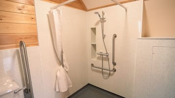 Shower, towels, soap, toilet paper