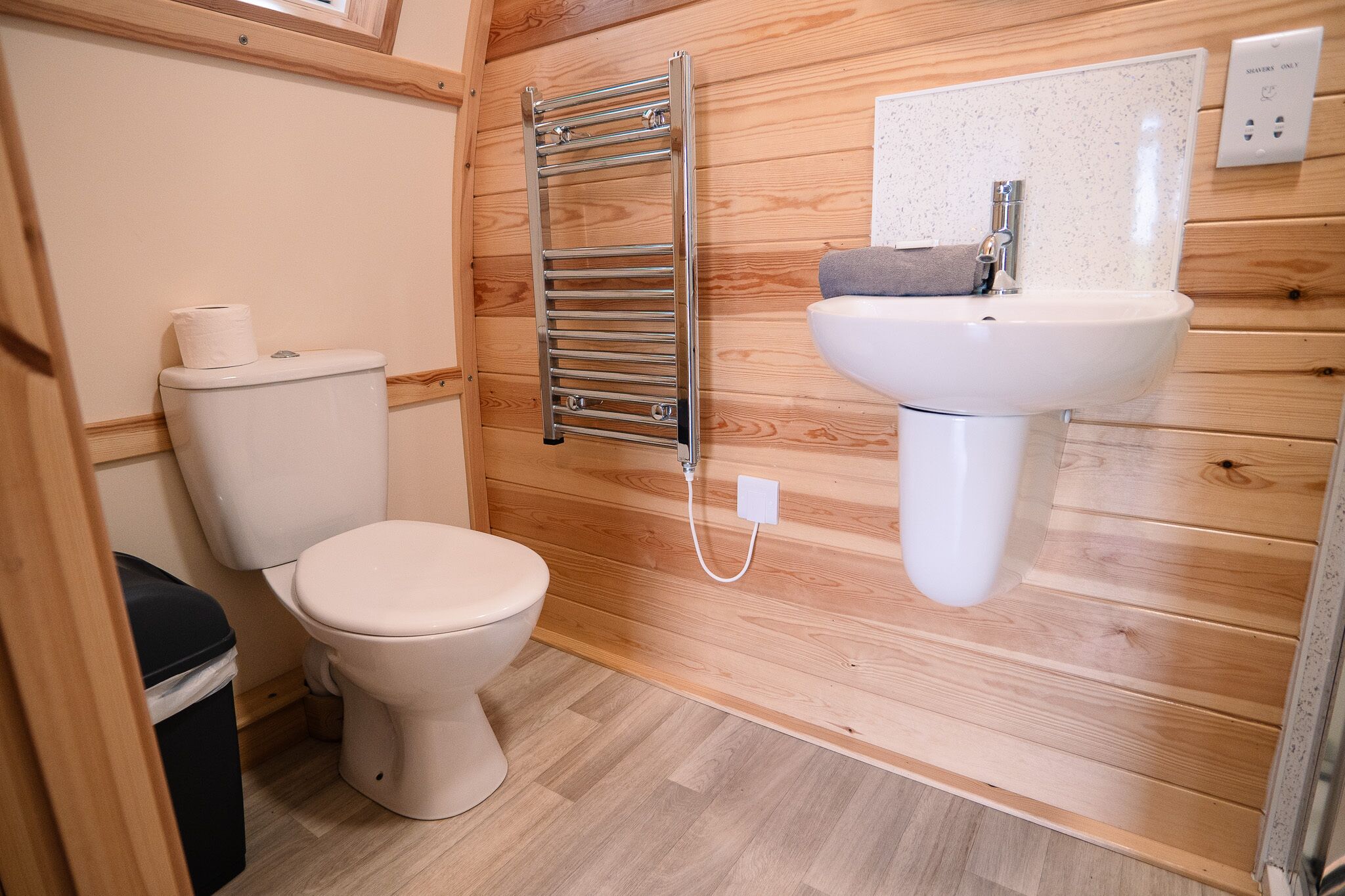 Shower, towels, soap, toilet paper