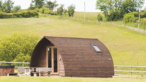 A wooden cabin with a sloped roof, a door, and a small porch area. - Cosy Cabin with Hot Tub in the Welsh Countryside (Llanbrynmair)