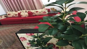 A living room with a red sofa, floral cushions, a green plant, and a patterned rug. -  5-beds apartment with AC, WiFi, Smart TV # Meknes (Meknes)