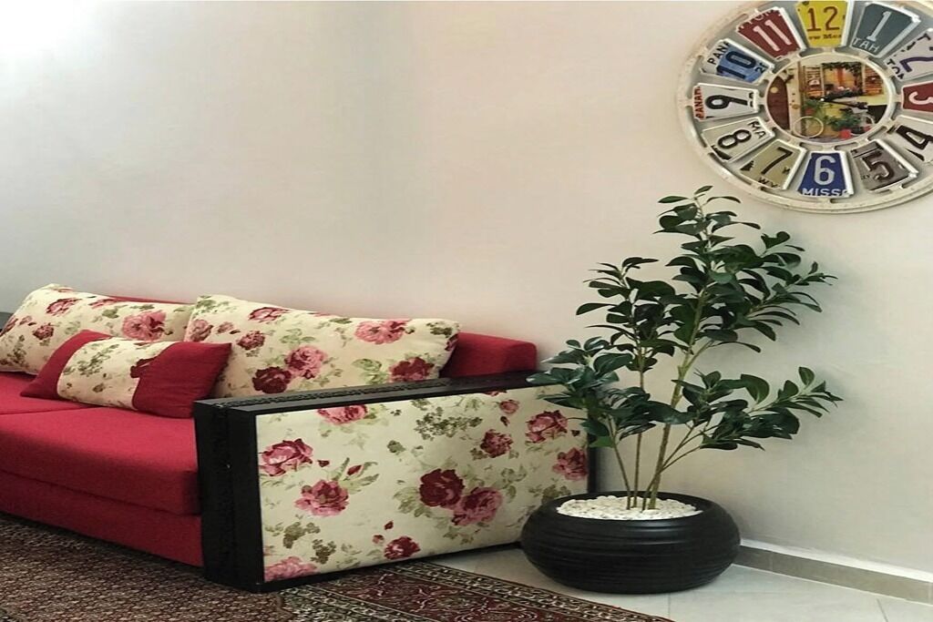 Un sofá rojo con cojines estampados, una planta en maceta y un reloj de pared.
