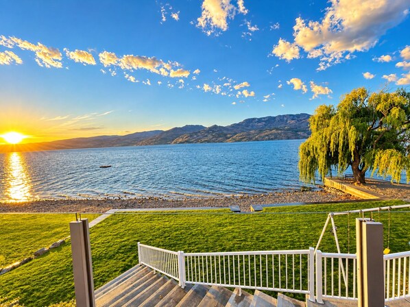 A lakeside view with a wooden deck, a grassy area, and a tree.