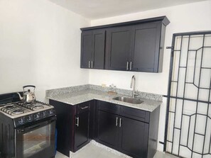 Frigorífico, microondas, horno y placa de cocina