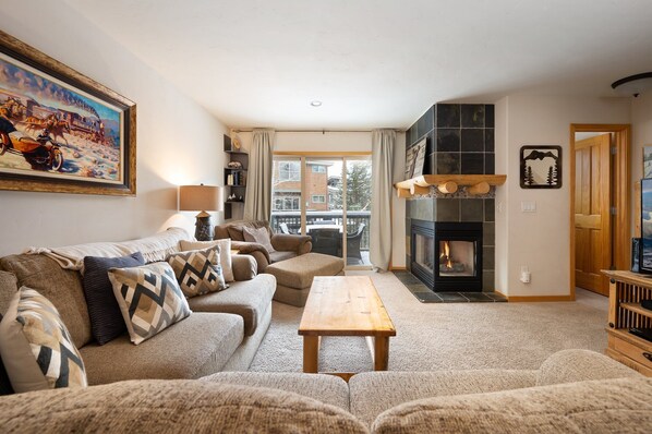 Smart TV, fireplace, video library