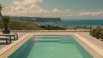 A rectangular swimming pool with clear blue water, surrounded by a stone deck and potted plants. In the background, there is a view of a coastline with a distant mountain and a clear sky.
