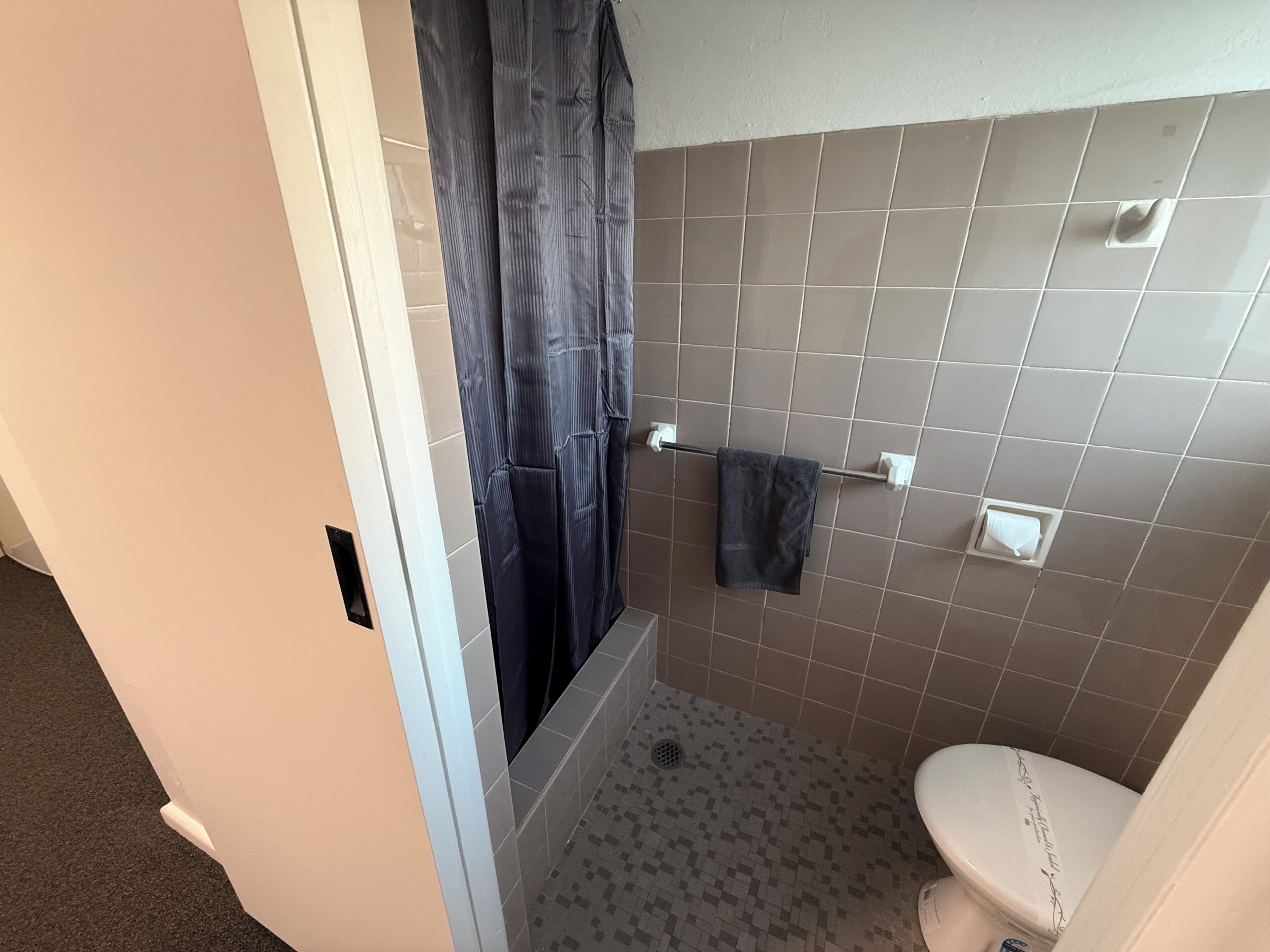 Shower, towels, soap, shampoo
