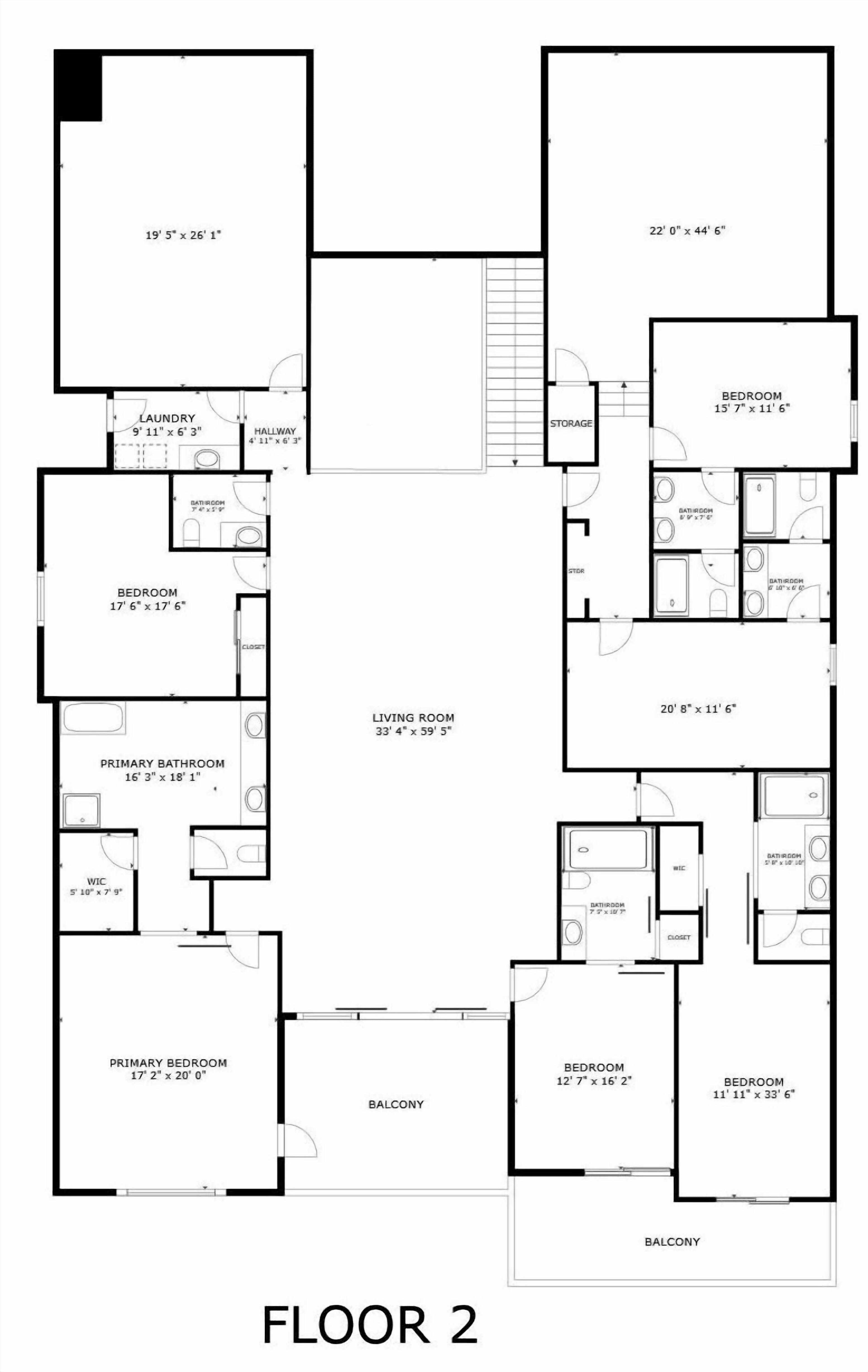 Plano de planta de un hotel con varias habitaciones, un salón, un baño principal, un dormitorio principal, un balcón y un área de almacenamiento.