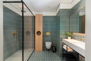 Shower, hair dryer, towels