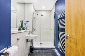 Shower, hair dryer, towels