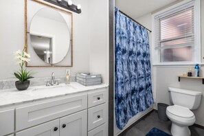 Hair dryer, towels, soap, toilet paper