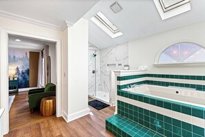 Jetted tub, hair dryer, towels, soap