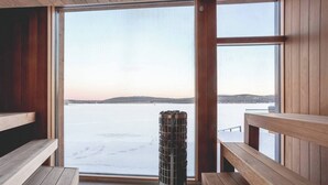 Ein Saunaraum mit Holzbänken und einem großen Fenster mit Blick auf einen zugefrorenen See.