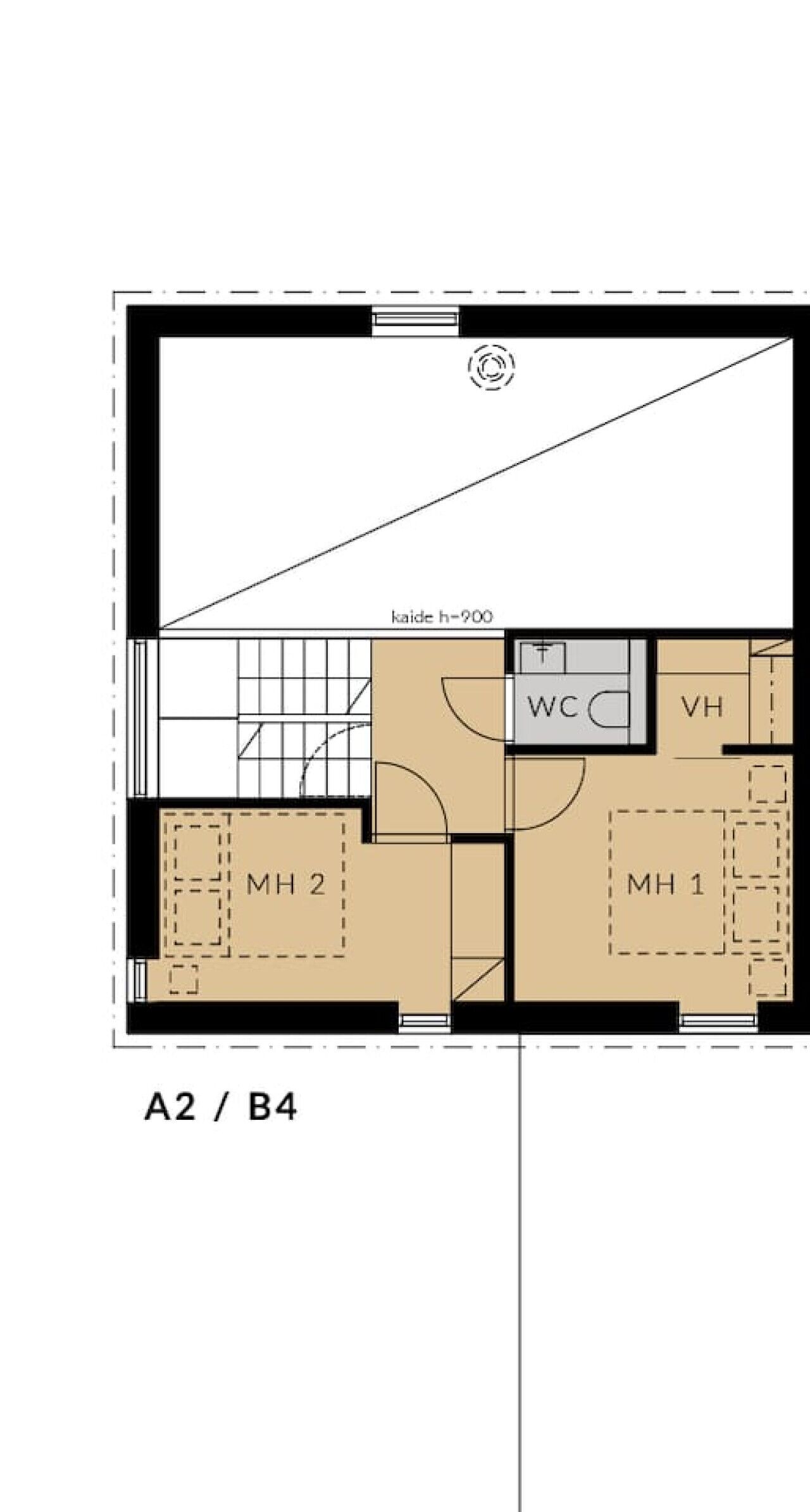 Plan d’étage d’une chambre d’hôtel, portant la désignation A2/B4, comprenant une cuisine, deux chambres (CH 1 et CH 2), une salle de bain et un espace de vie.