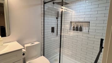 Shower, hair dryer, towels, soap