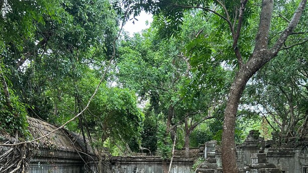 A wooden pathway leading through a temple complex with stone structures and trees. - The Drop Inn (Siem Reap)