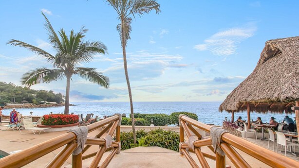 A beachside restaurant with outdoor seating, palm trees, and a view of the ocean.