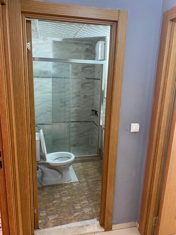 A bathroom with a glass shower enclosure, a toilet, and a showerhead.