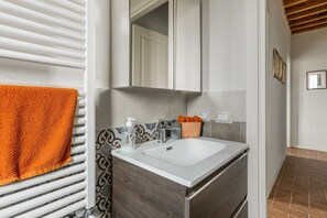 Shower, hair dryer, bidet, towels