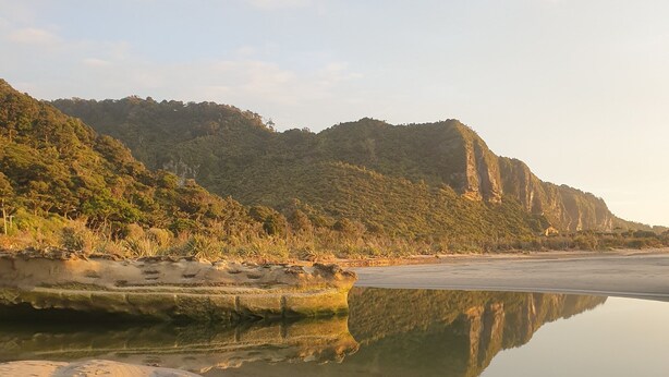 A calm beach with clear reflections of the surrounding landscape, including a sandy shore and a forested hill. - Huāki Punakaiki Bach (Punakaiki)