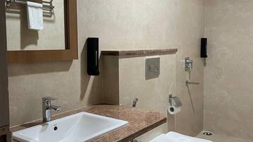 Shower, towels, soap, toilet paper