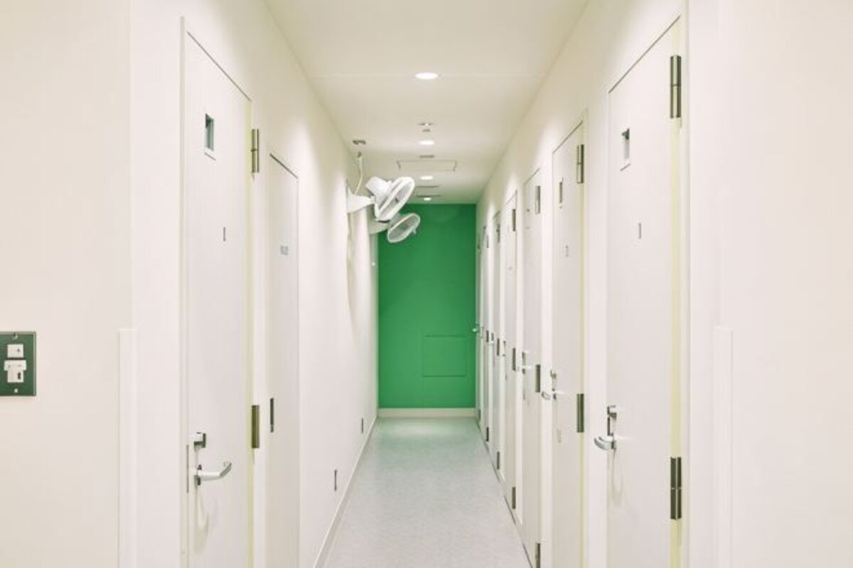 Un couloir avec des portes des deux côtés, menant à une pièce dont un des murs est vert.