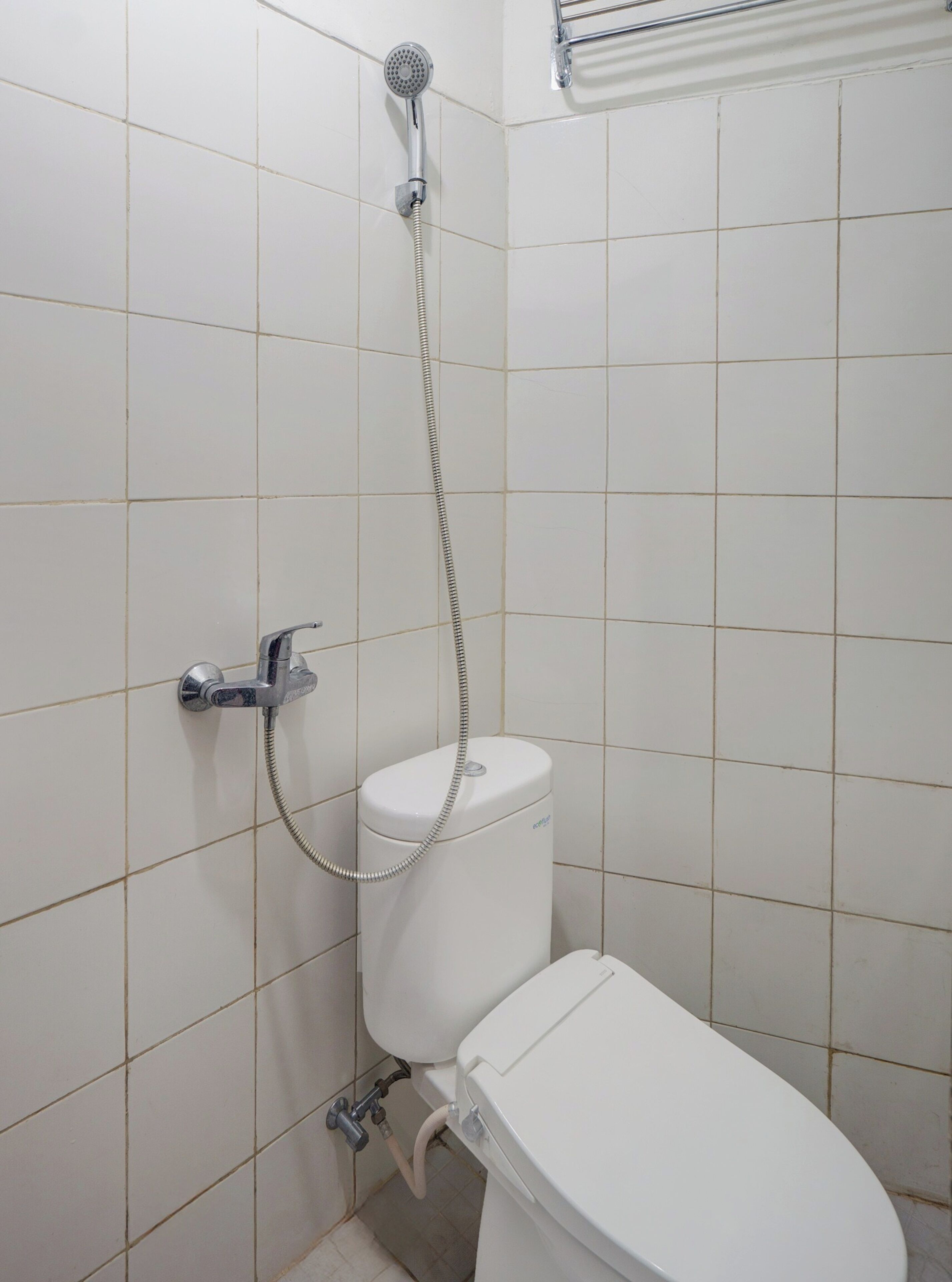 A bathroom with a white toilet, a shower head, and a towel rack.