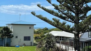 A residential area with two houses, one with a blue roof and another with a white roof, surrounded by greenery and a clear sky.