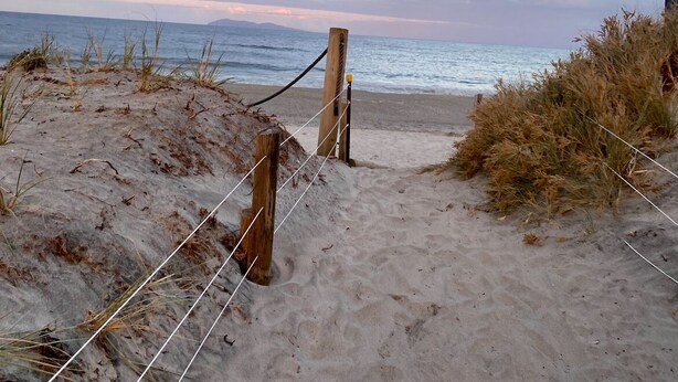A sandy beach path leading to the ocean with a wooden post and rope barrier.