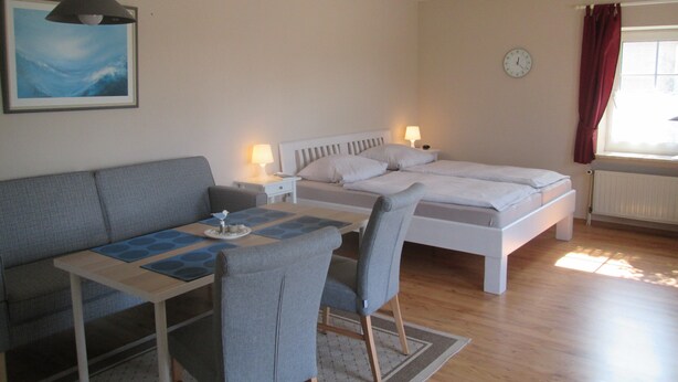 Une pièce comprenant un lit, un canapé, une table à manger et une chaise.