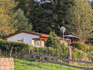 A house with a satellite dish, surrounded by greenery and a wooden fence. - Holiday Home 'Ferienhaus Goldisthal' with Mountain View, Private Terrace (Goldisthal)