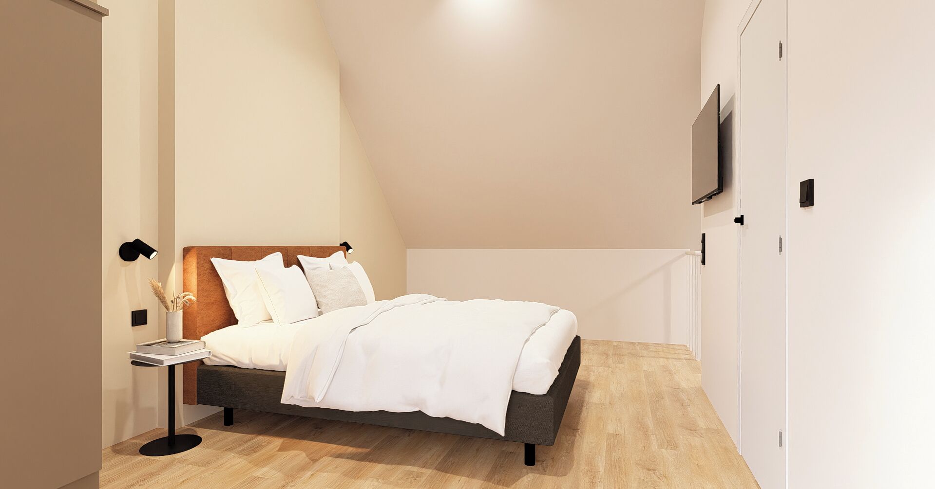 A modern bedroom with a bed, bedside tables, and a TV mounted on the wall.